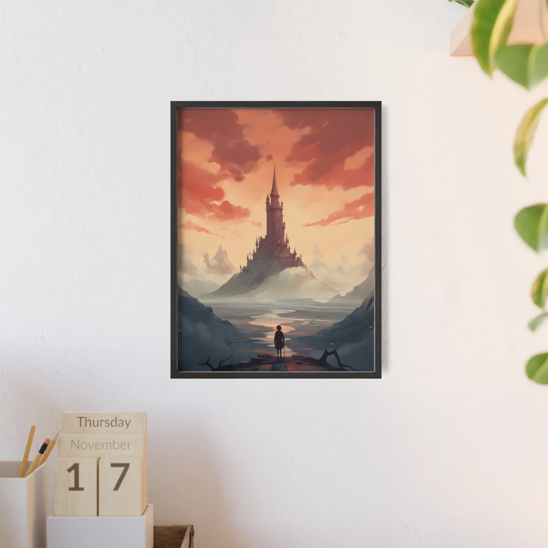 Winter Wonderland: Vibrant Snow-covered Scene with Cozy Red House - Framed Poster