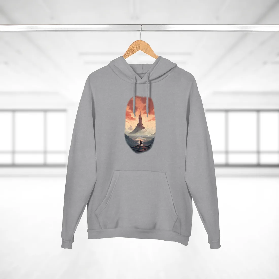 Distant Tower Under a Pink Sky: Fantasy Castle Landscape – Hoodie, heather grey
