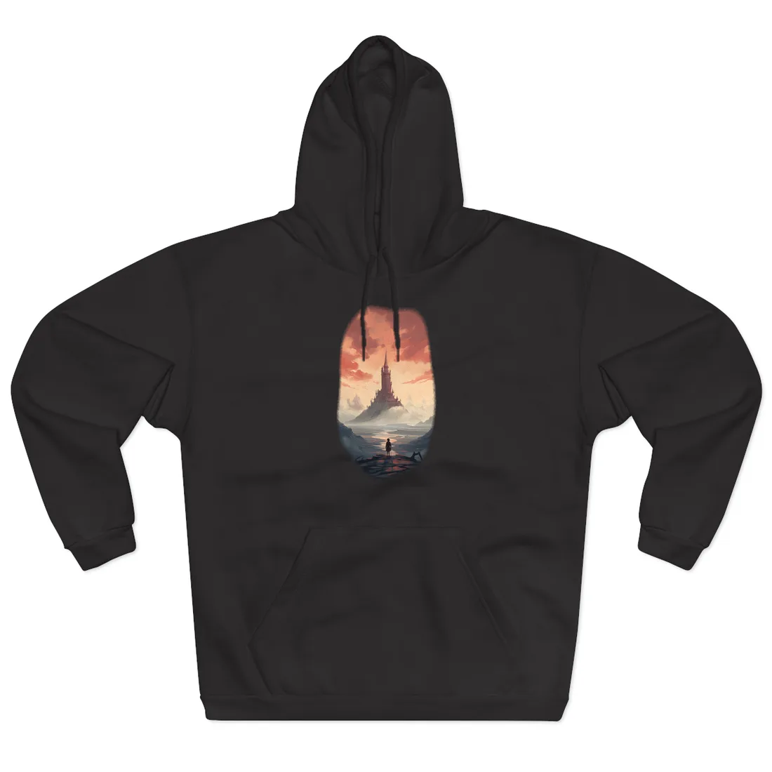 Distant Tower Under a Pink Sky: Fantasy Castle Landscape – Hoodie, black