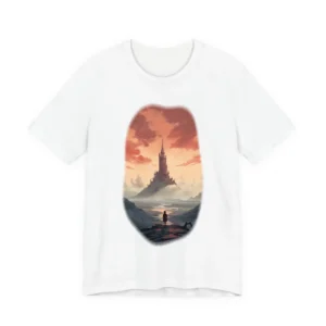 Distant Tower Under a Pink Sky: Fantasy Castle Landscape T-Shirt