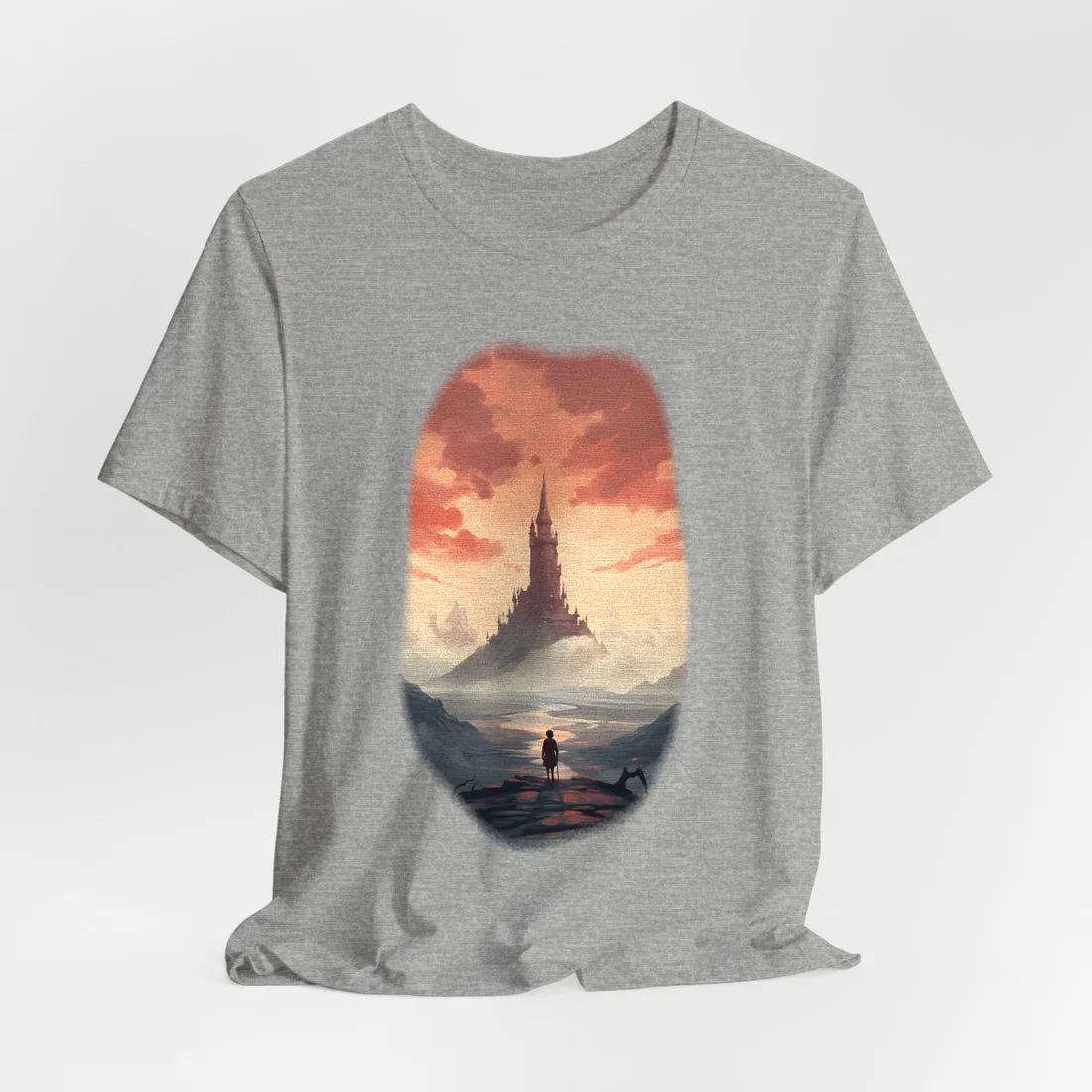 Distant Tower Under a Pink Sky: Fantasy Castle Landscape – T-Shirt, athletic heather