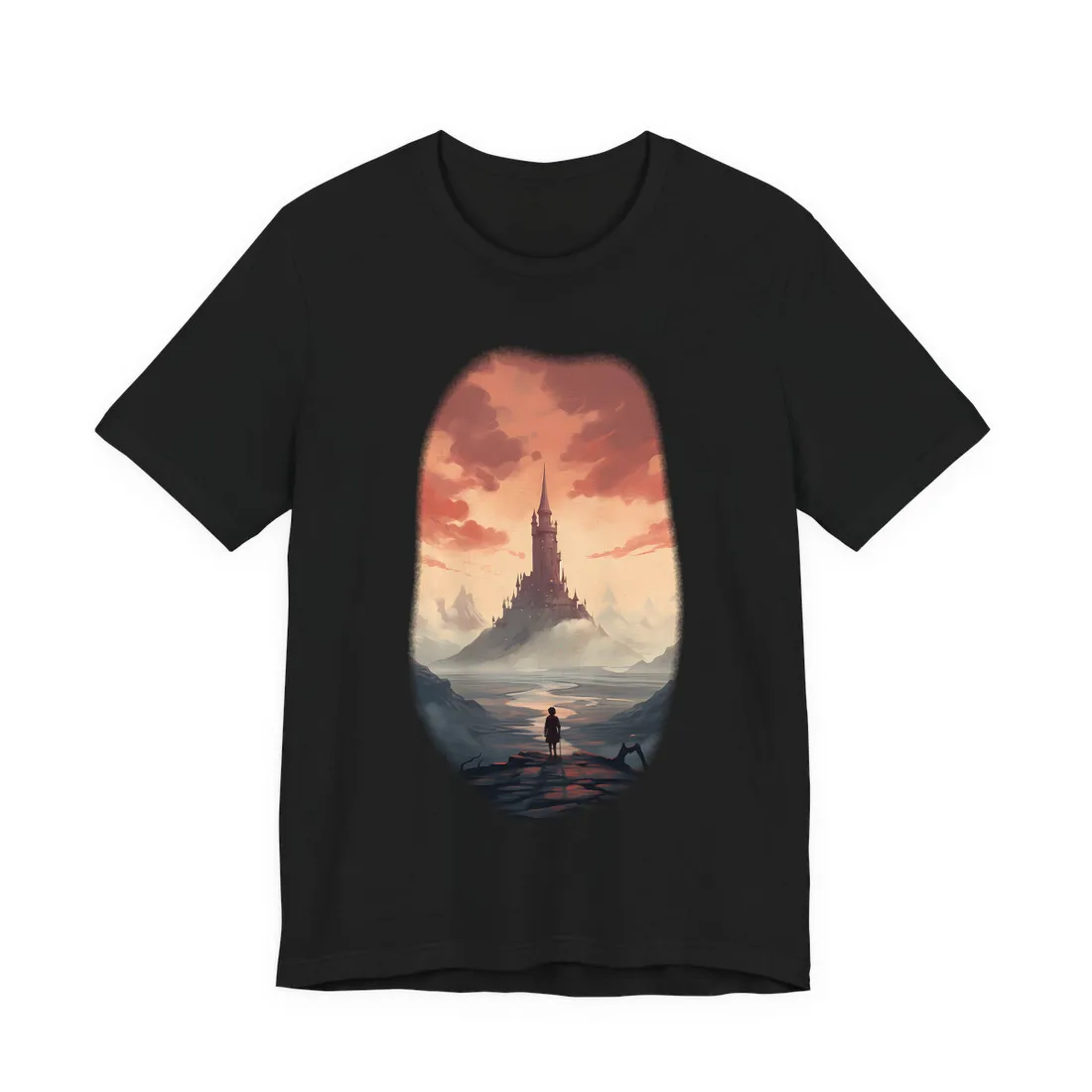 Distant Tower Under a Pink Sky: Fantasy Castle Landscape – T-Shirt, black