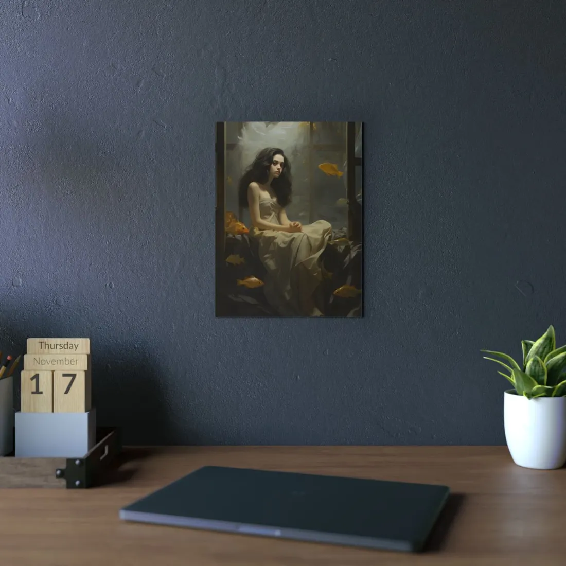 Woman Among Golden Fish: Dreamlike Water Portrait - Metal Poster