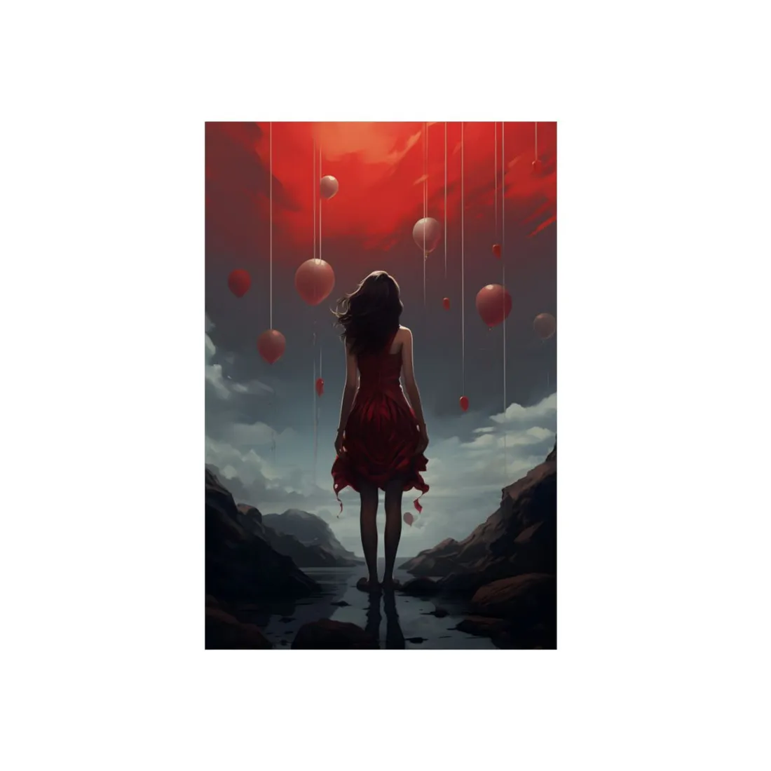 Woman Among Red Balloons in the Sky: Dreamlike Ascent - Metal Poster