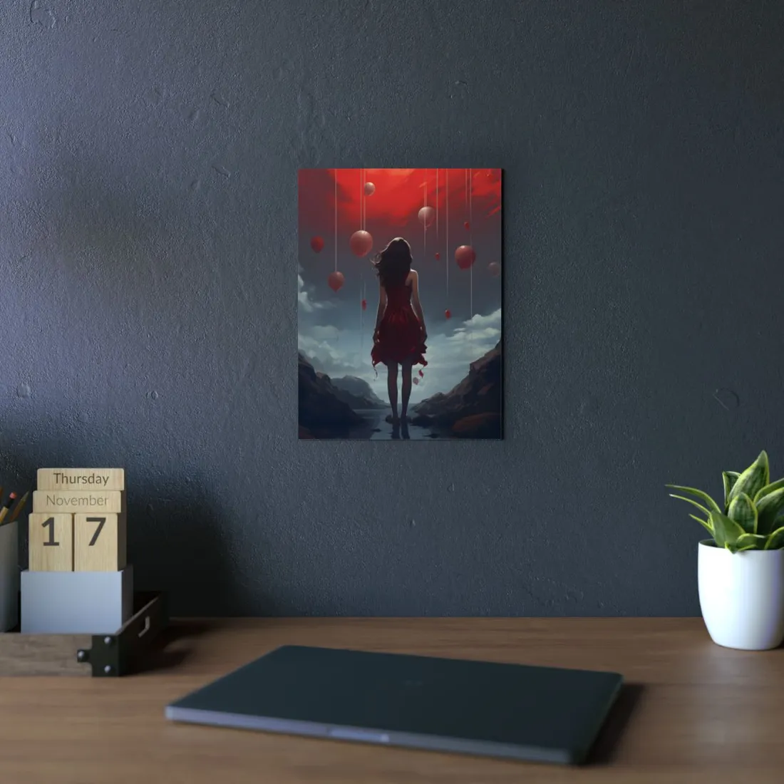 Woman Among Red Balloons in the Sky: Dreamlike Ascent - Metal Poster
