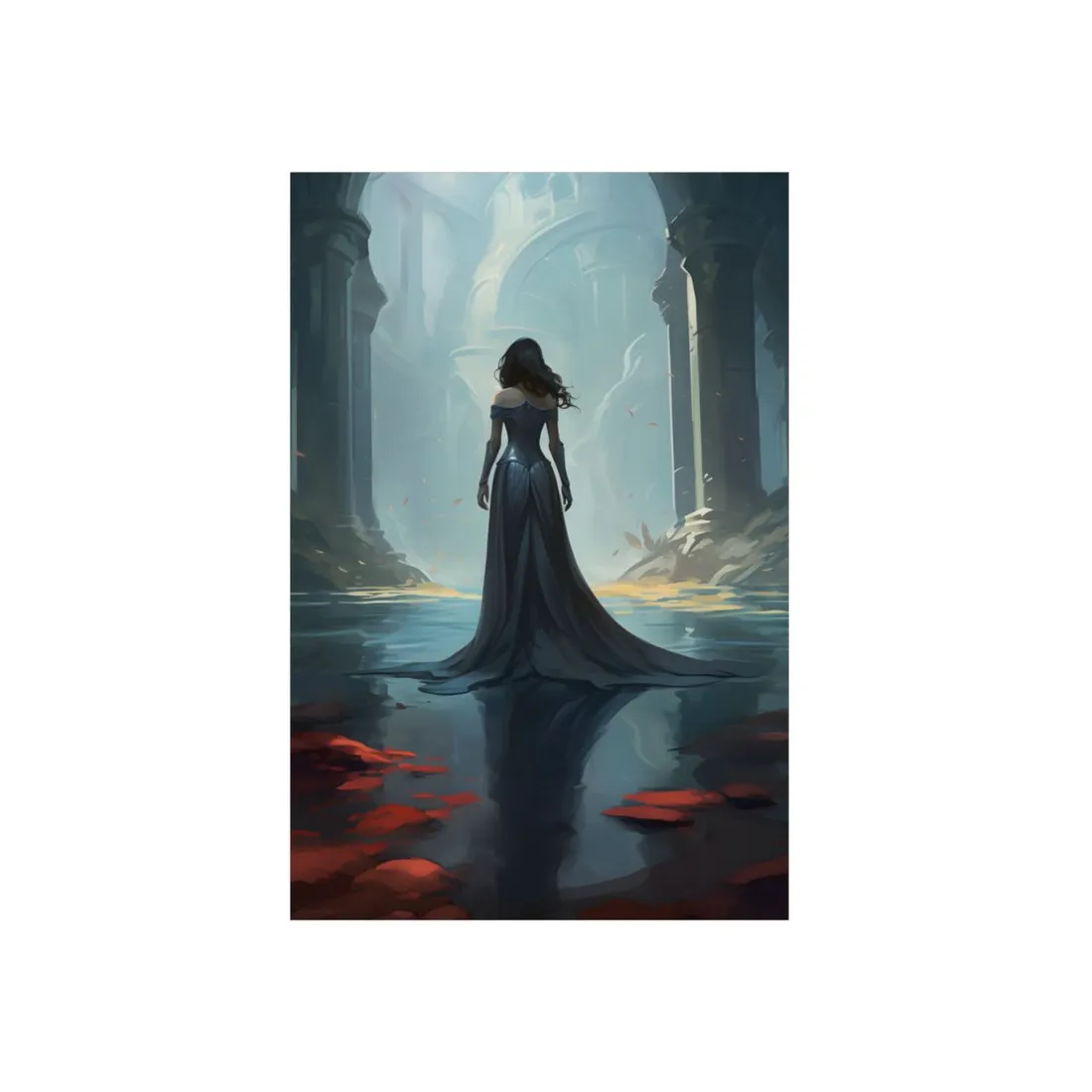 Woman Among the Ruins: Flowing Dress Water Scene - Metal Poster