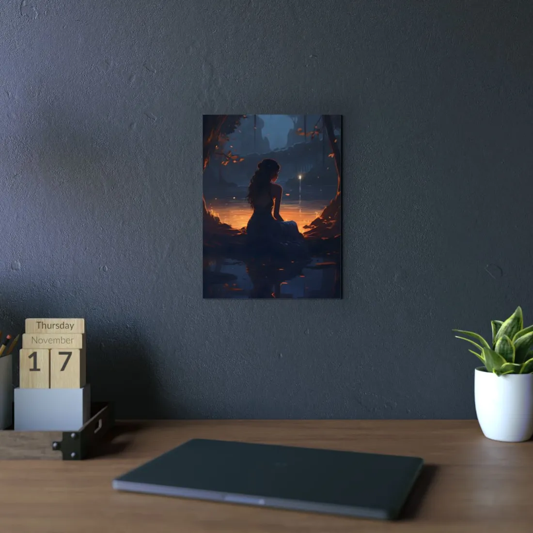 Woman Among the Ruins: Lantern-Lit Fantasy Scene - Metal Poster
