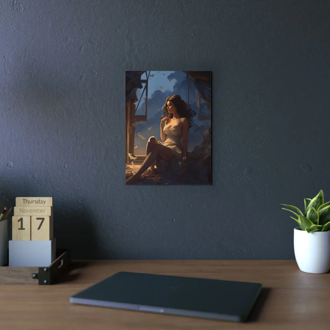 Woman at the Window: Warm Interior Portrait - Metal Poster
