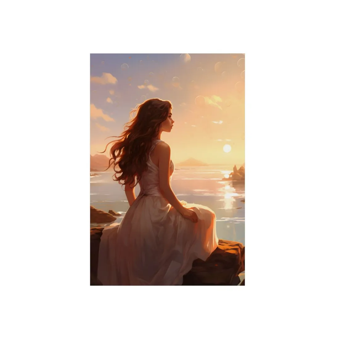 Woman by the Sea at Sunset: Flowing Dress Portrait - Metal Poster