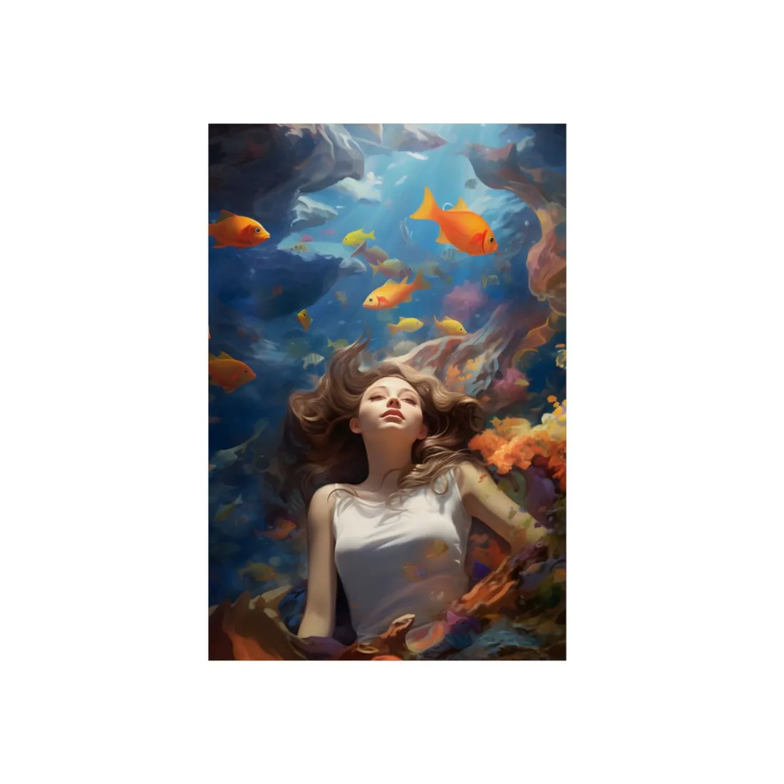 Woman Floating Among Colorful Fish: Underwater Fantasy Art - Metal Poster