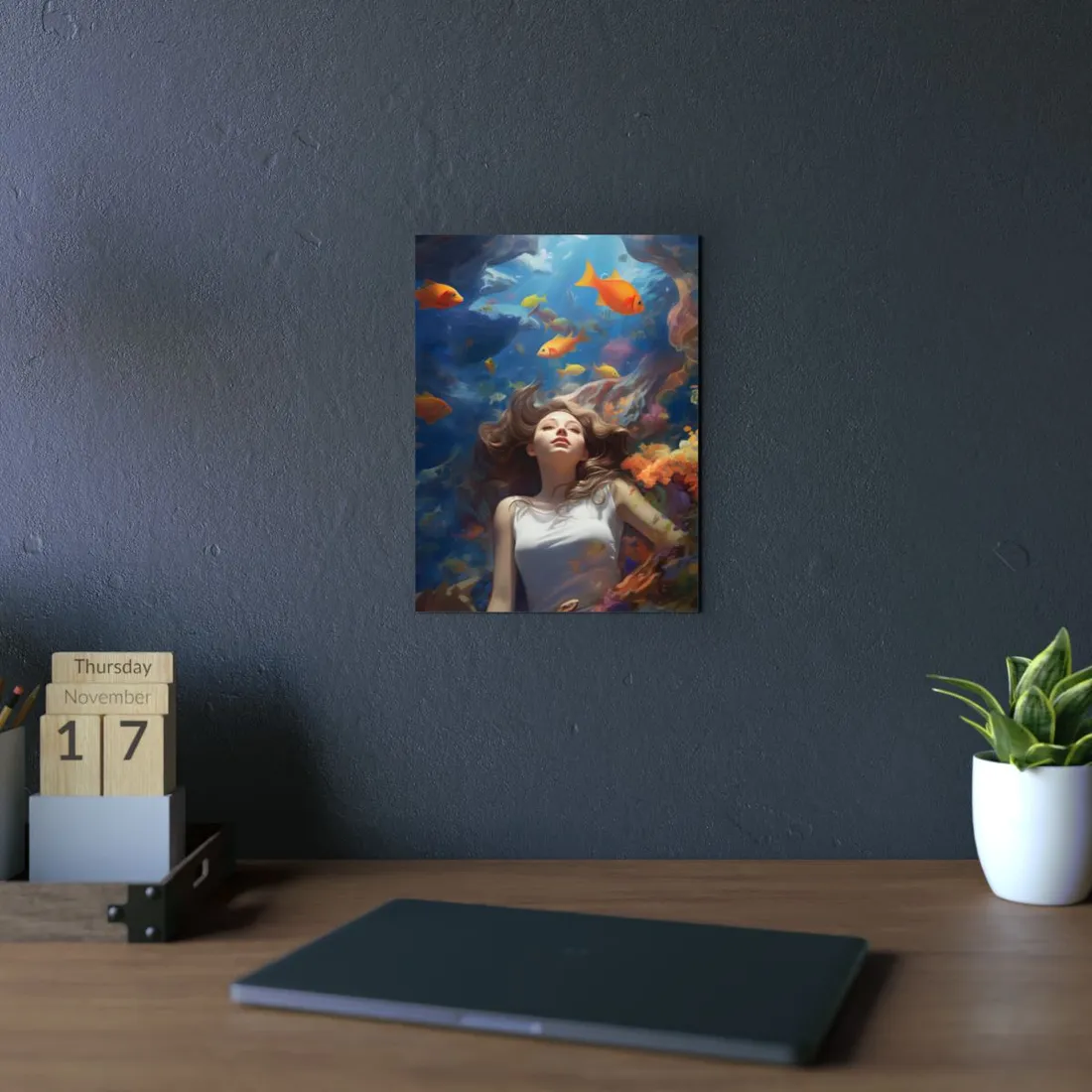 Woman Floating Among Colorful Fish: Underwater Fantasy Art - Metal Poster