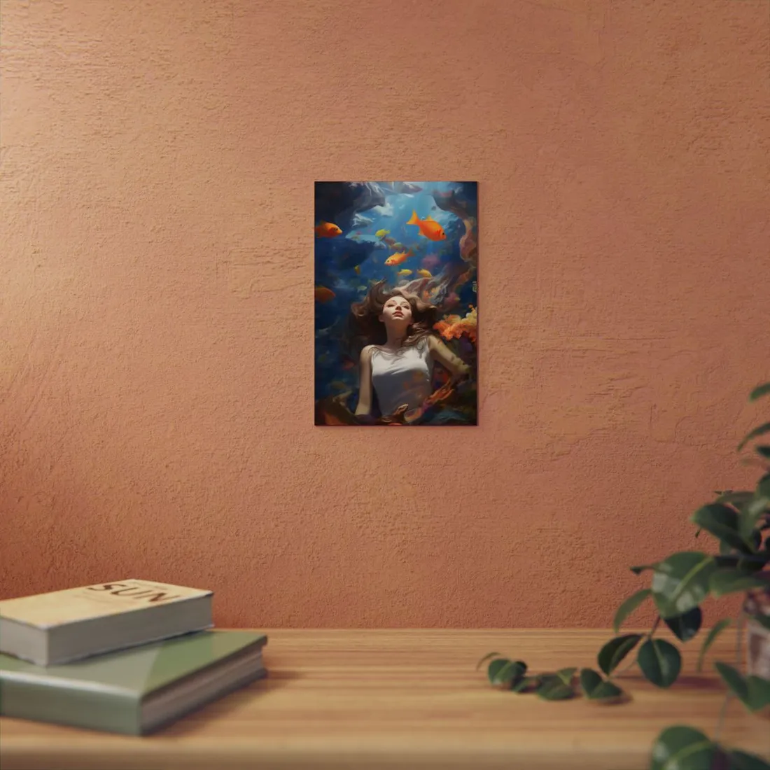 Woman Floating Among Colorful Fish: Underwater Fantasy Art - Metal Poster