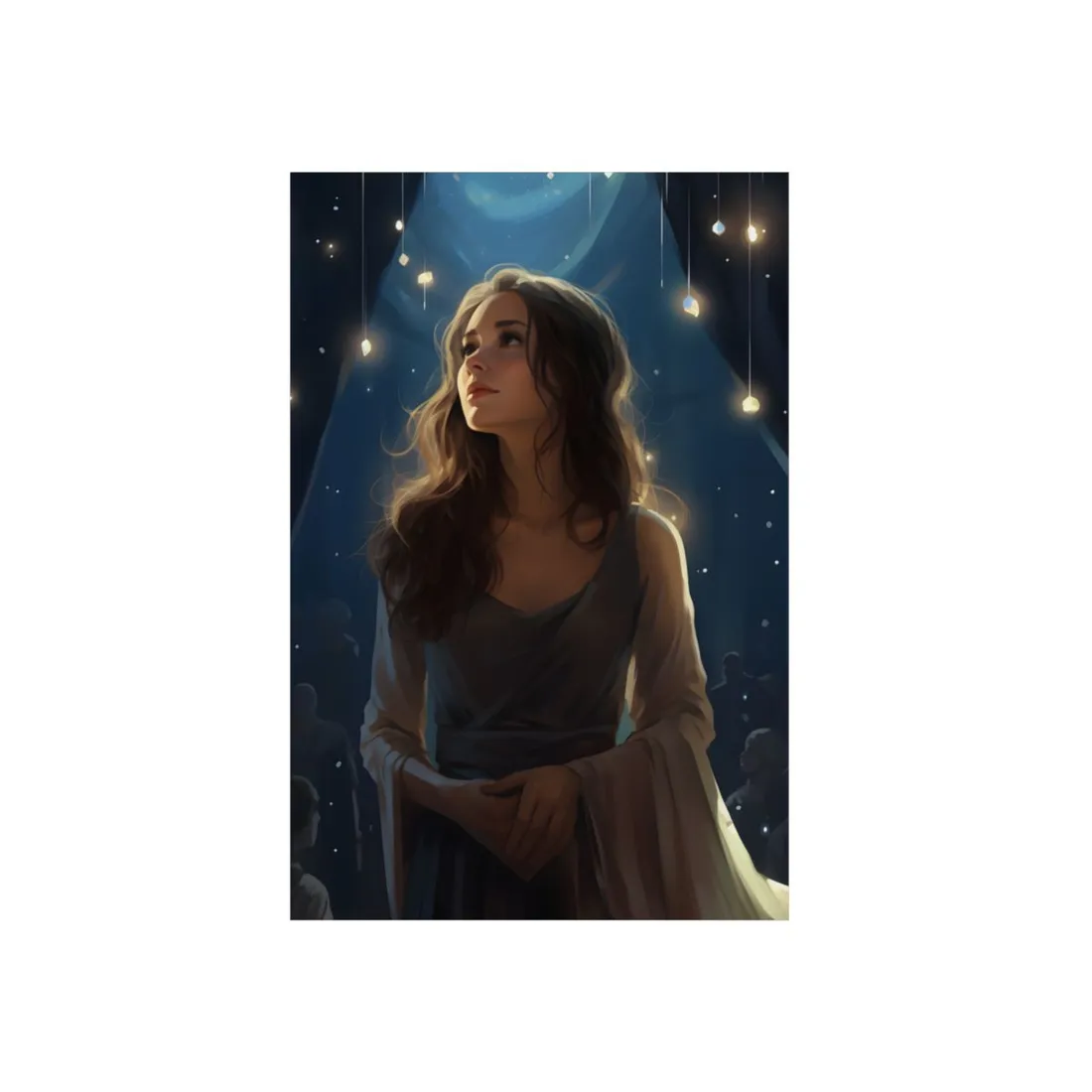Woman Gazing Upward: Lantern Light Portrait - Metal Poster