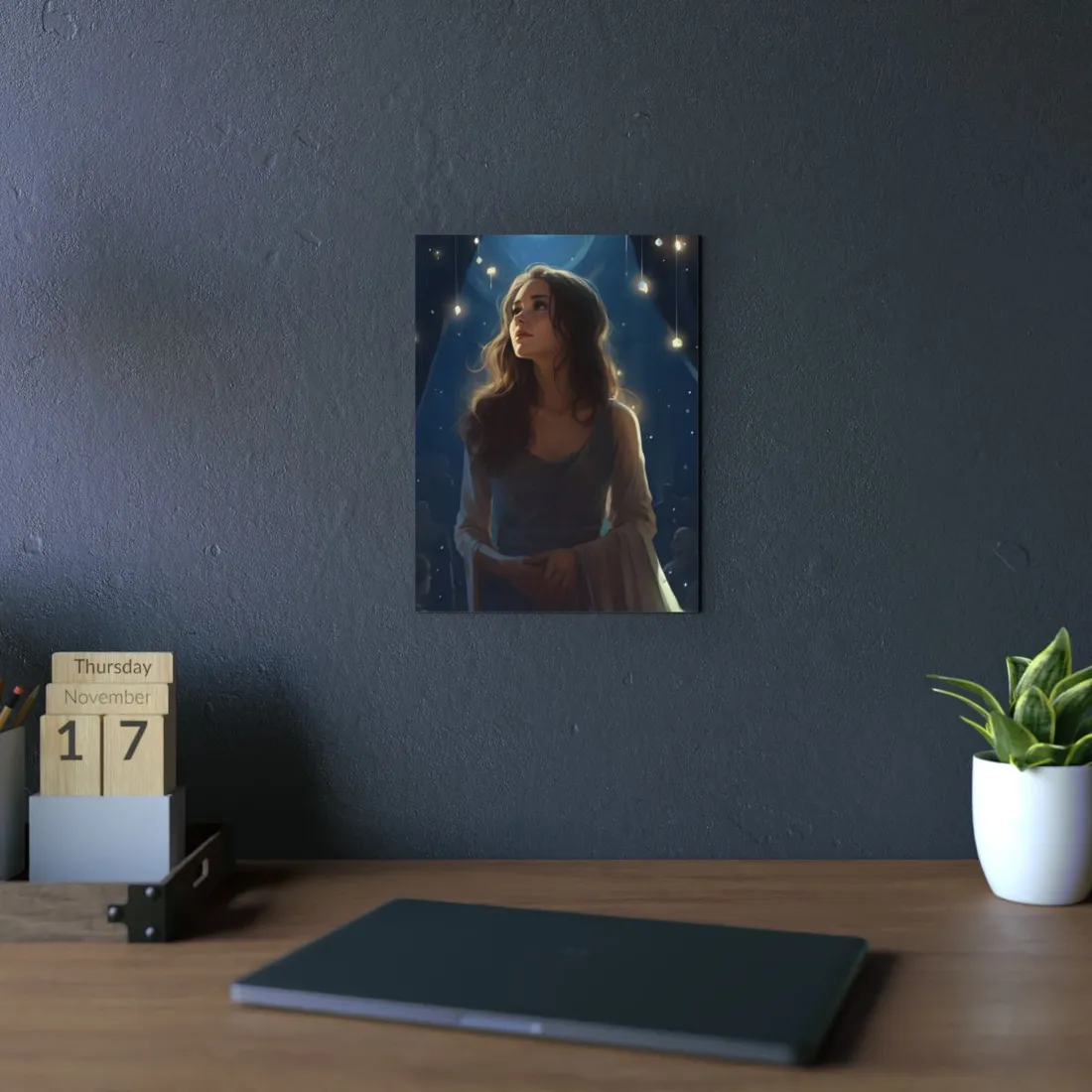 Woman Gazing Upward: Lantern Light Portrait - Metal Poster