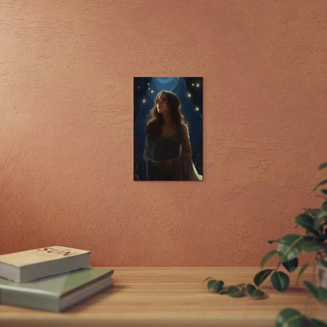 Woman Gazing Upward: Lantern Light Portrait - Metal Poster