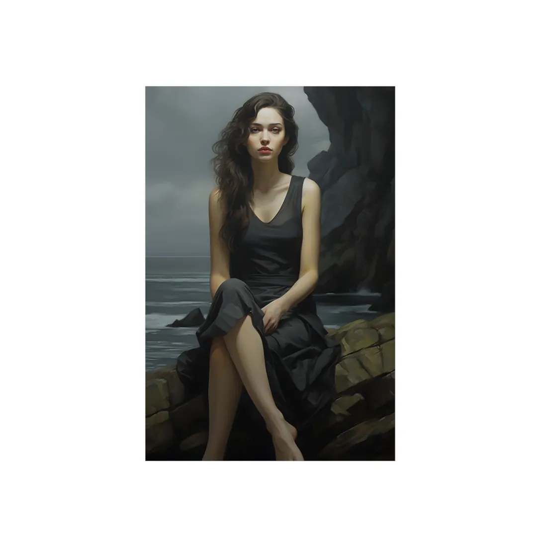 Woman in Dark Contemplation: Moody Portrait - Metal Poster