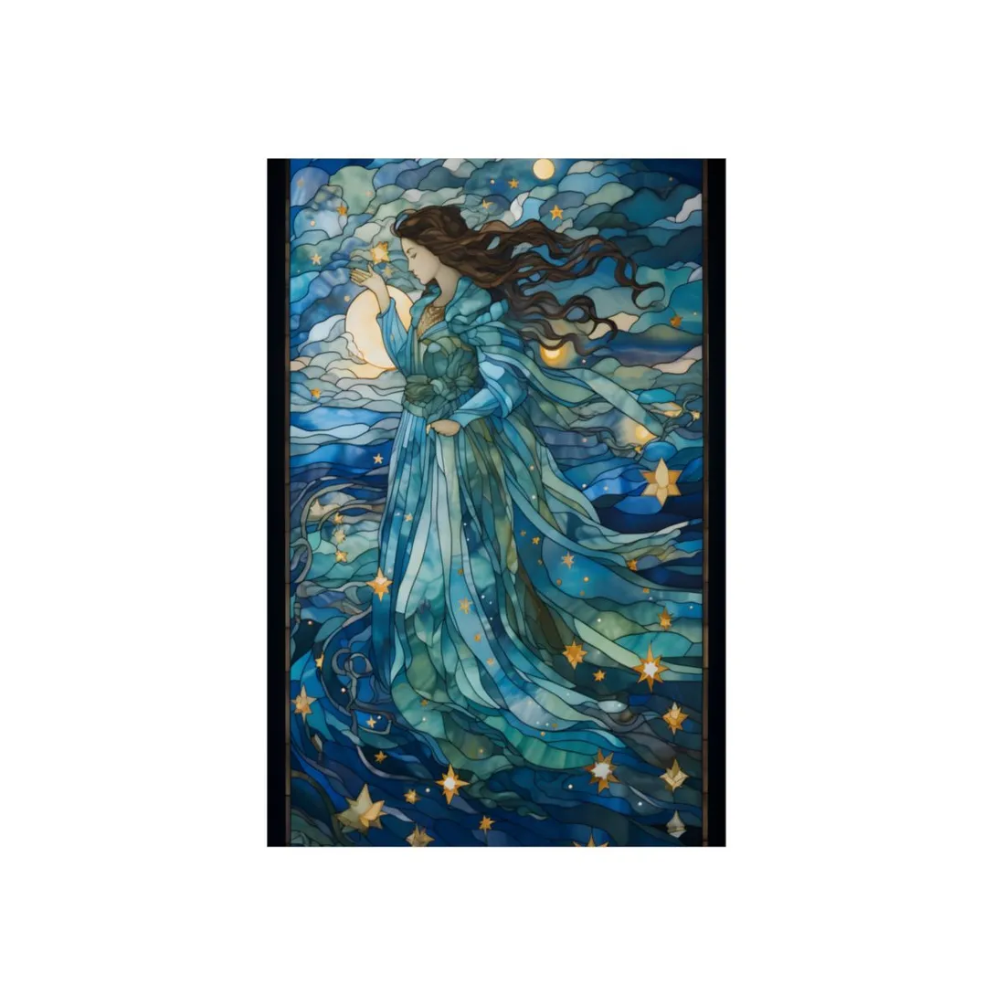 Woman in Flowing Blue Among the Stars: Celestial Fantasy Art - Metal Poster