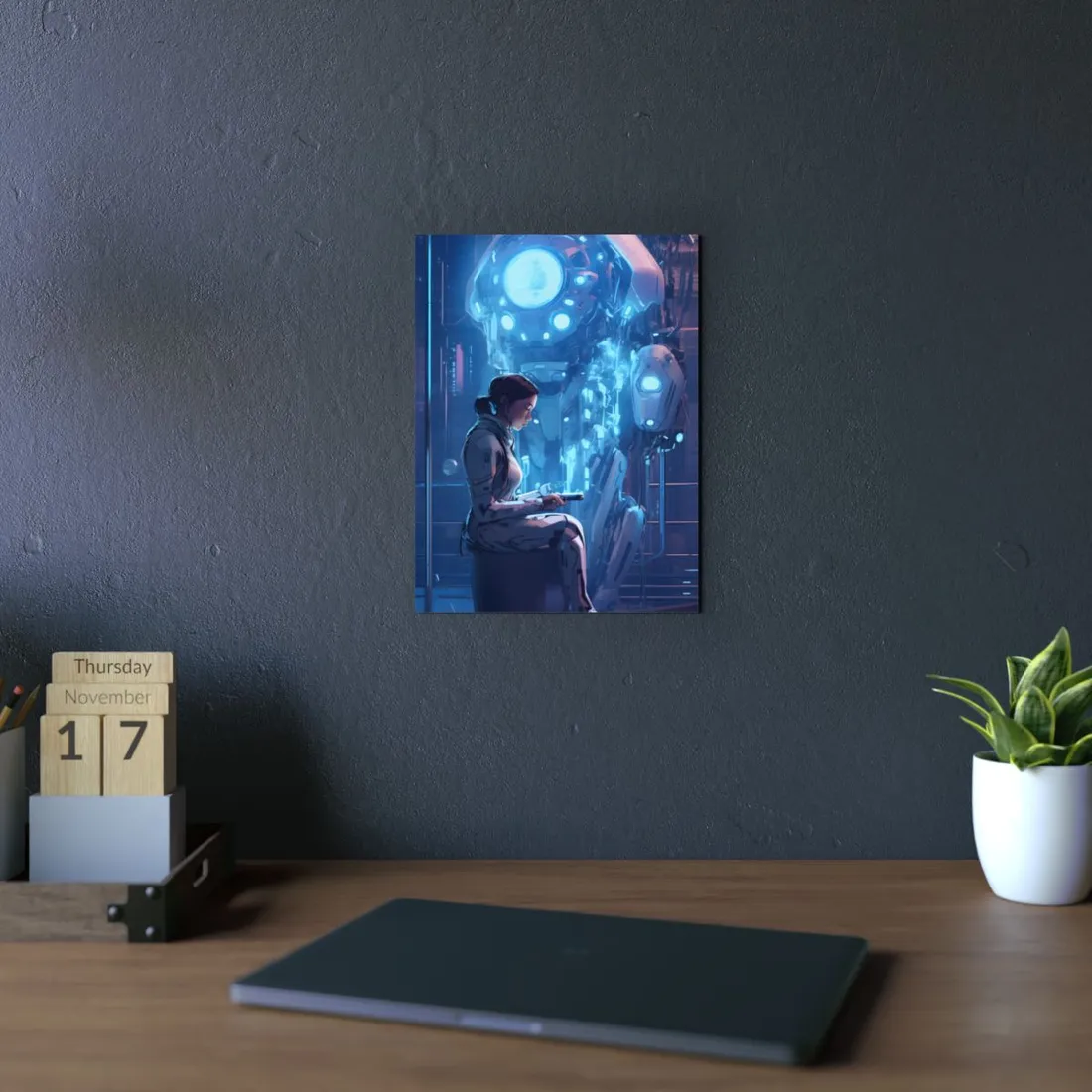 Woman in Futuristic Control Room: Cybernetic Interface Scene - Metal Poster