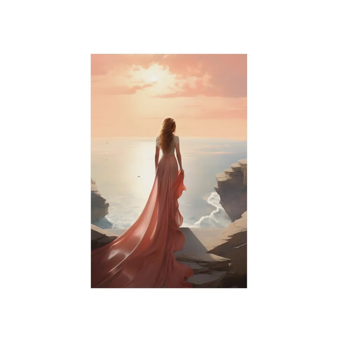 Woman in Pink on the Cliff Edge: Dreamy Ocean Portrait - Metal Poster