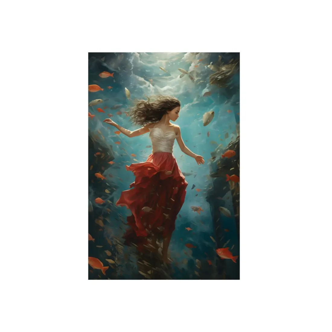 Woman in Red Dress Floating Underwater: Dreamlike Fantasy Portrait - Metal Poster