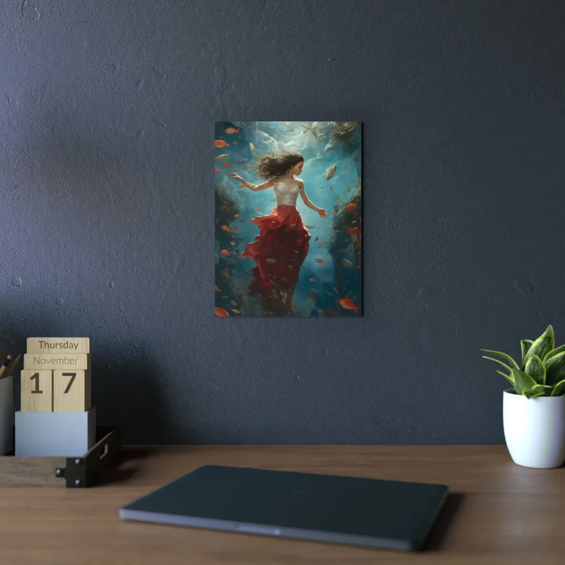 Woman in Red Dress Floating Underwater: Dreamlike Fantasy Portrait - Metal Poster
