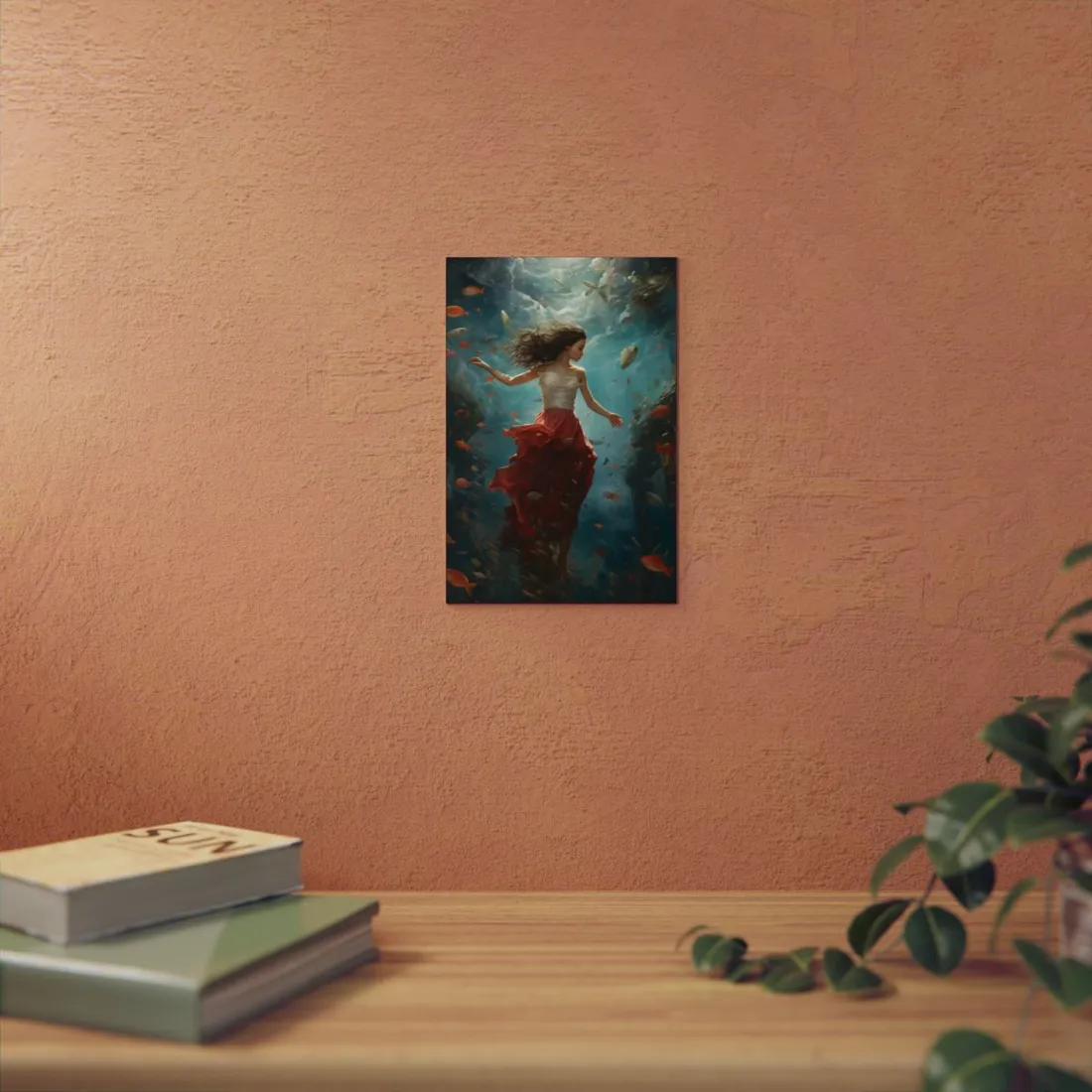 Woman in Red Dress Floating Underwater: Dreamlike Fantasy Portrait - Metal Poster