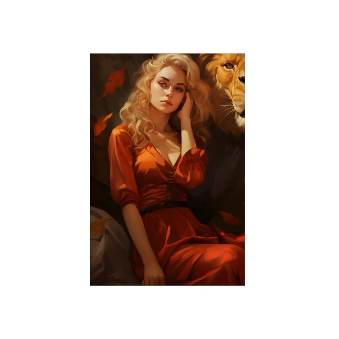 Woman in Red: Reclining Portrait in Warm Light - Metal Poster