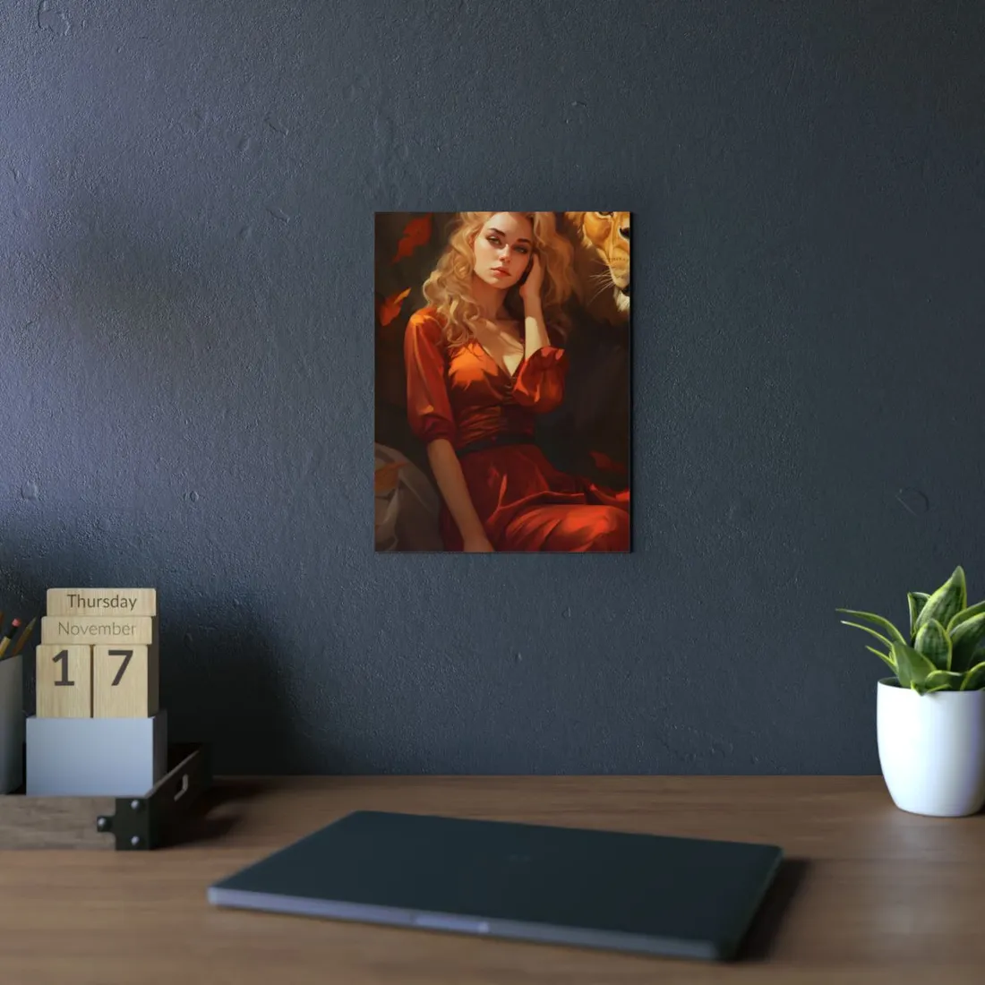 Woman in Red: Reclining Portrait in Warm Light - Metal Poster