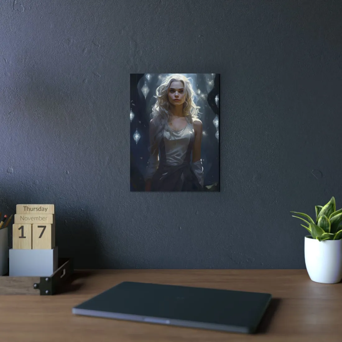 Woman in Shimmering White: Fantasy Portrait - Metal Poster