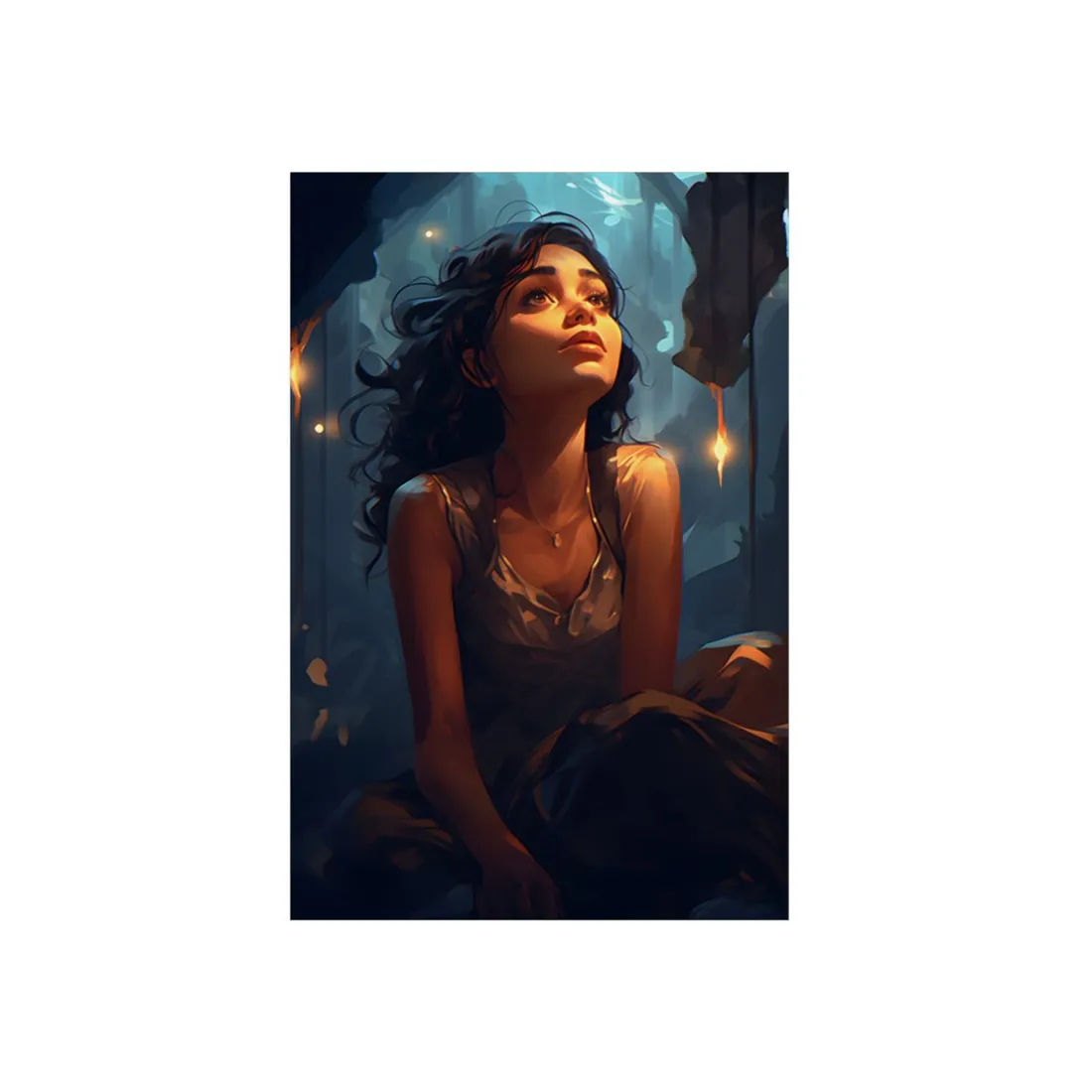 Woman in the Firefly-Lit Forest: Twilight Portrait - Metal Poster