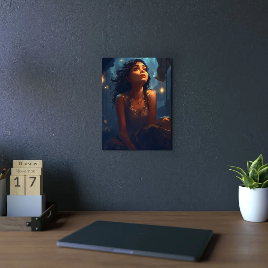 Woman in the Firefly-Lit Forest: Twilight Portrait - Metal Poster