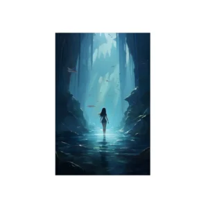 Woman Walking Underwater Cave Metal Poster