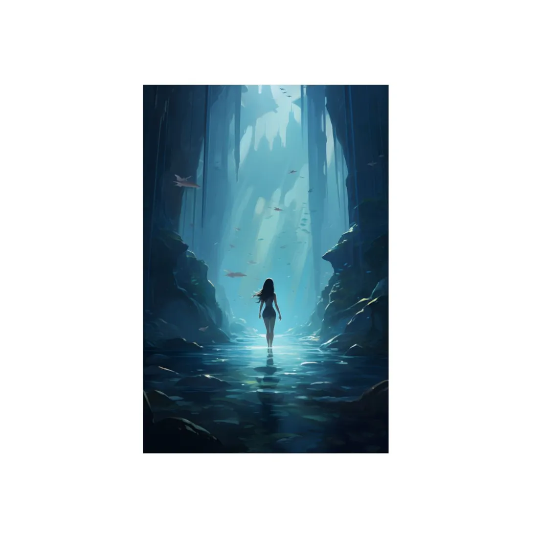 Woman in the Glowing Blue Corridor: Mystical Fantasy Scene - Metal Poster