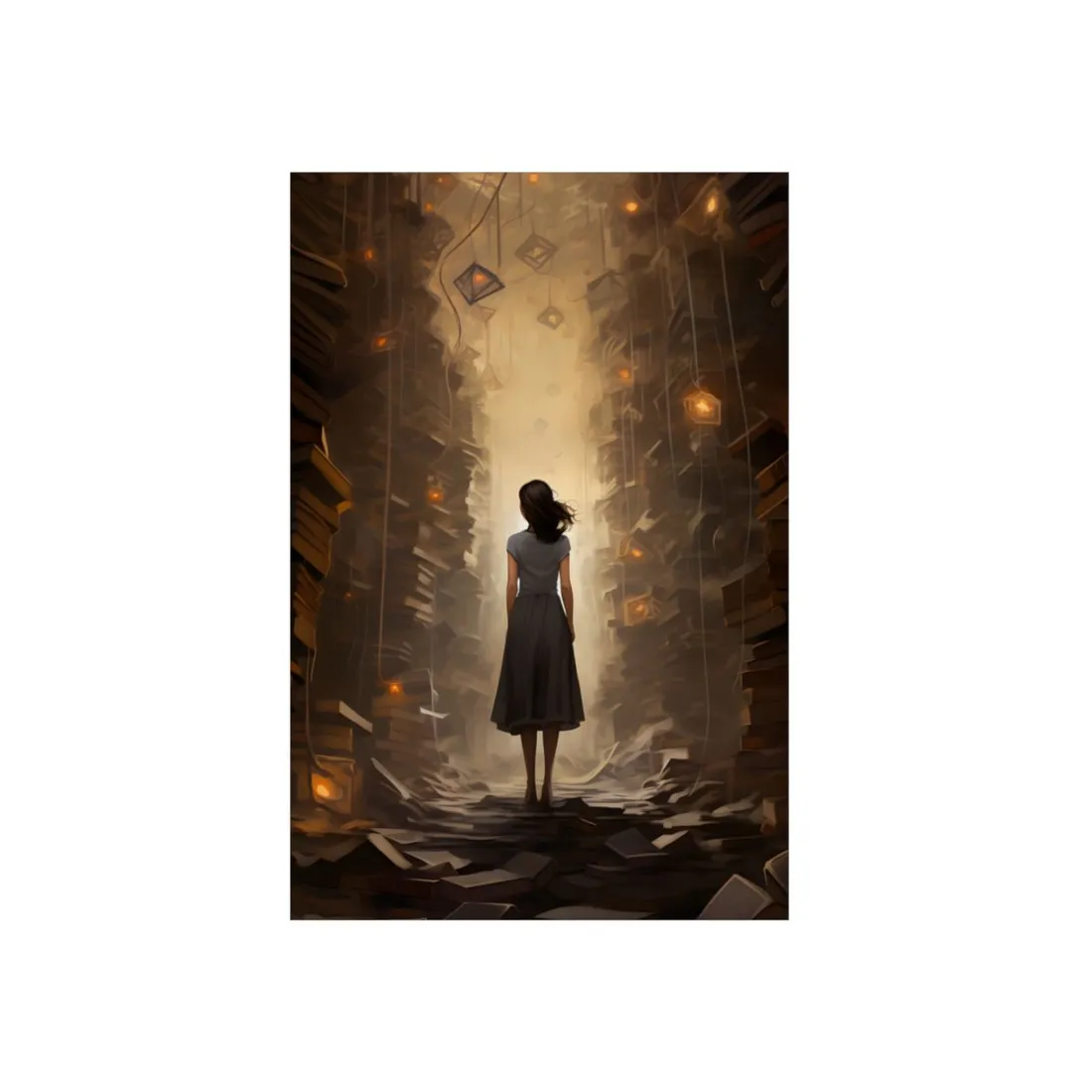 Woman in the Glowing Library Corridor: Mystical Scene - Metal Poster