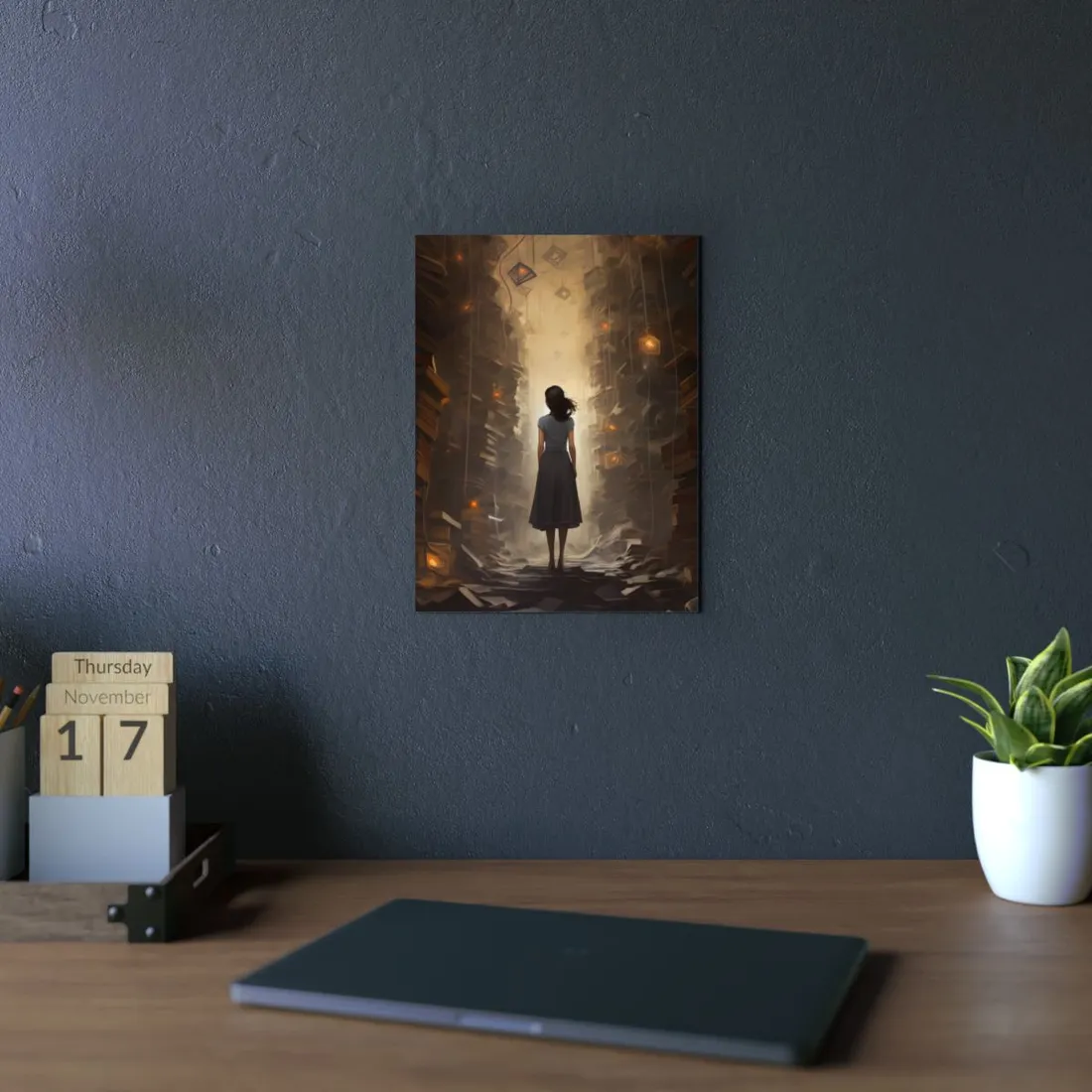 Woman in the Glowing Library Corridor: Mystical Scene - Metal Poster