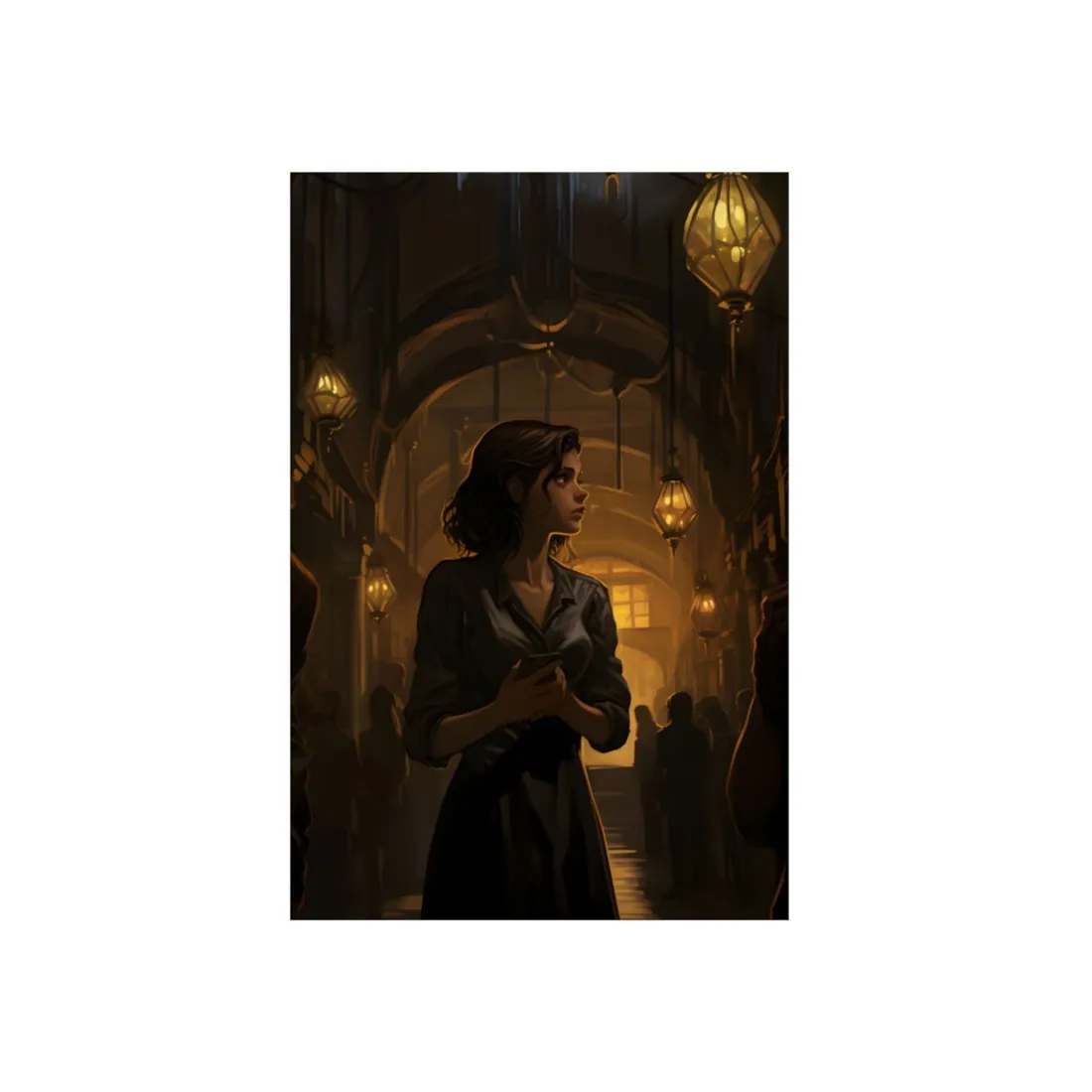 Woman in the Lantern-Lit Hall: Elegant Fantasy Portrait - Metal Poster
