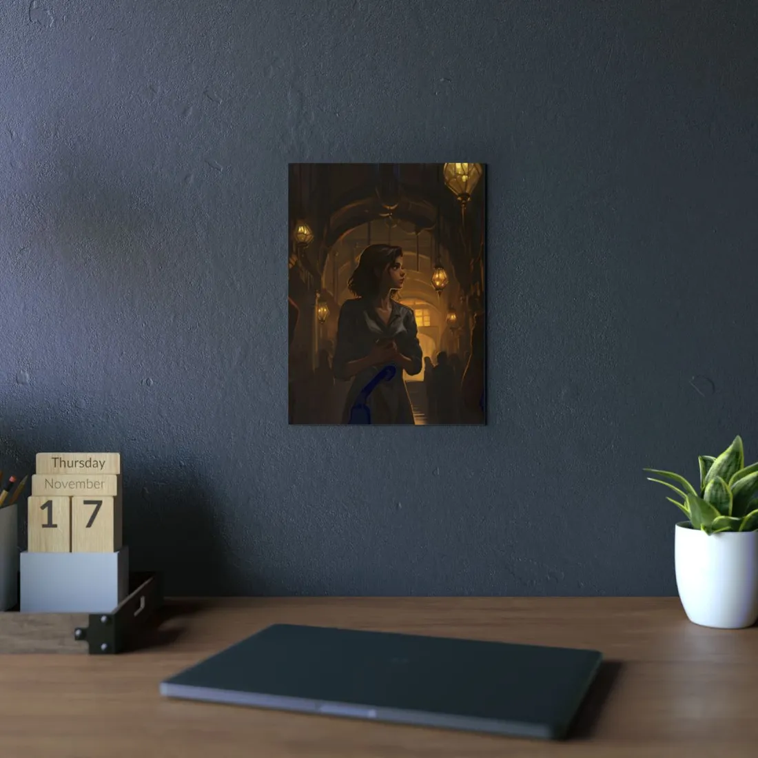 Woman in the Lantern-Lit Hall: Elegant Fantasy Portrait - Metal Poster