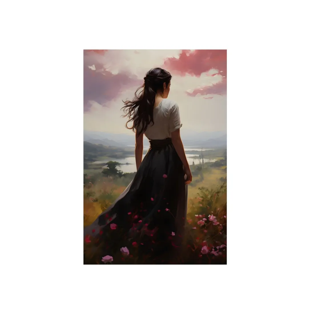 Woman in the Meadow: Flowing Dress Nature Scene - Metal Poster
