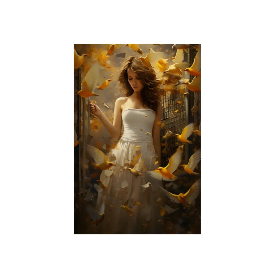 Woman in White Dress with Golden Birds in Flight - Metal Poster