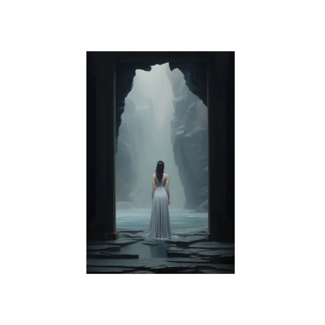 Woman in White in the Cave: Light Beam Fantasy Scene - Metal Poster