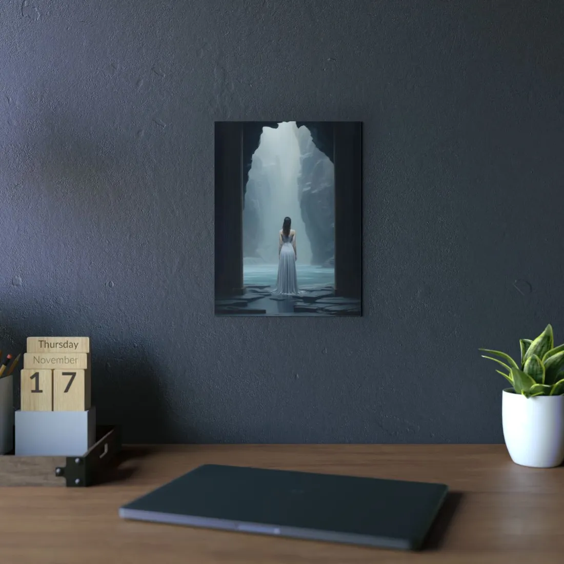 Woman in White in the Cave: Light Beam Fantasy Scene - Metal Poster