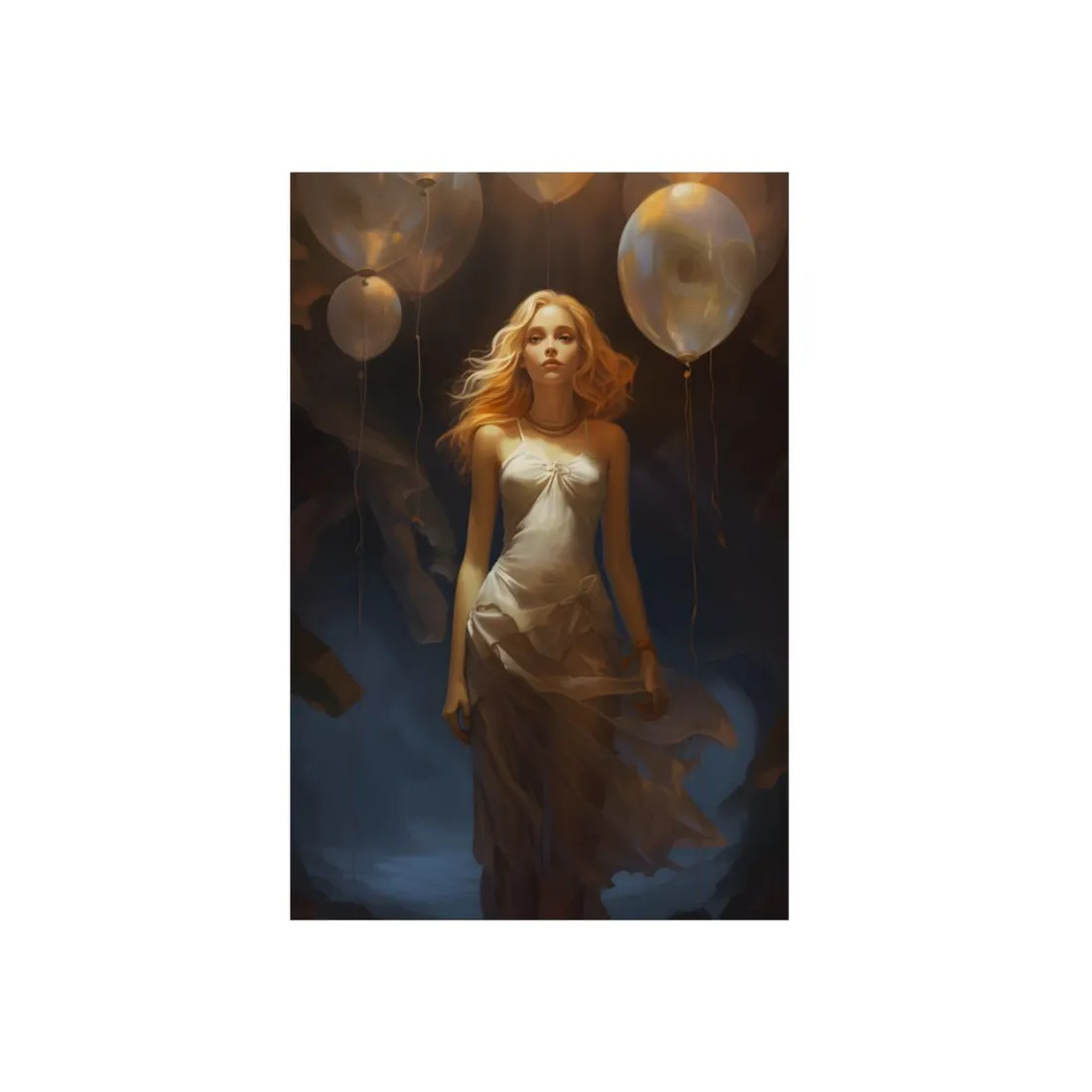 Woman in White with Balloons: Moody Dark Portrait - Metal Poster