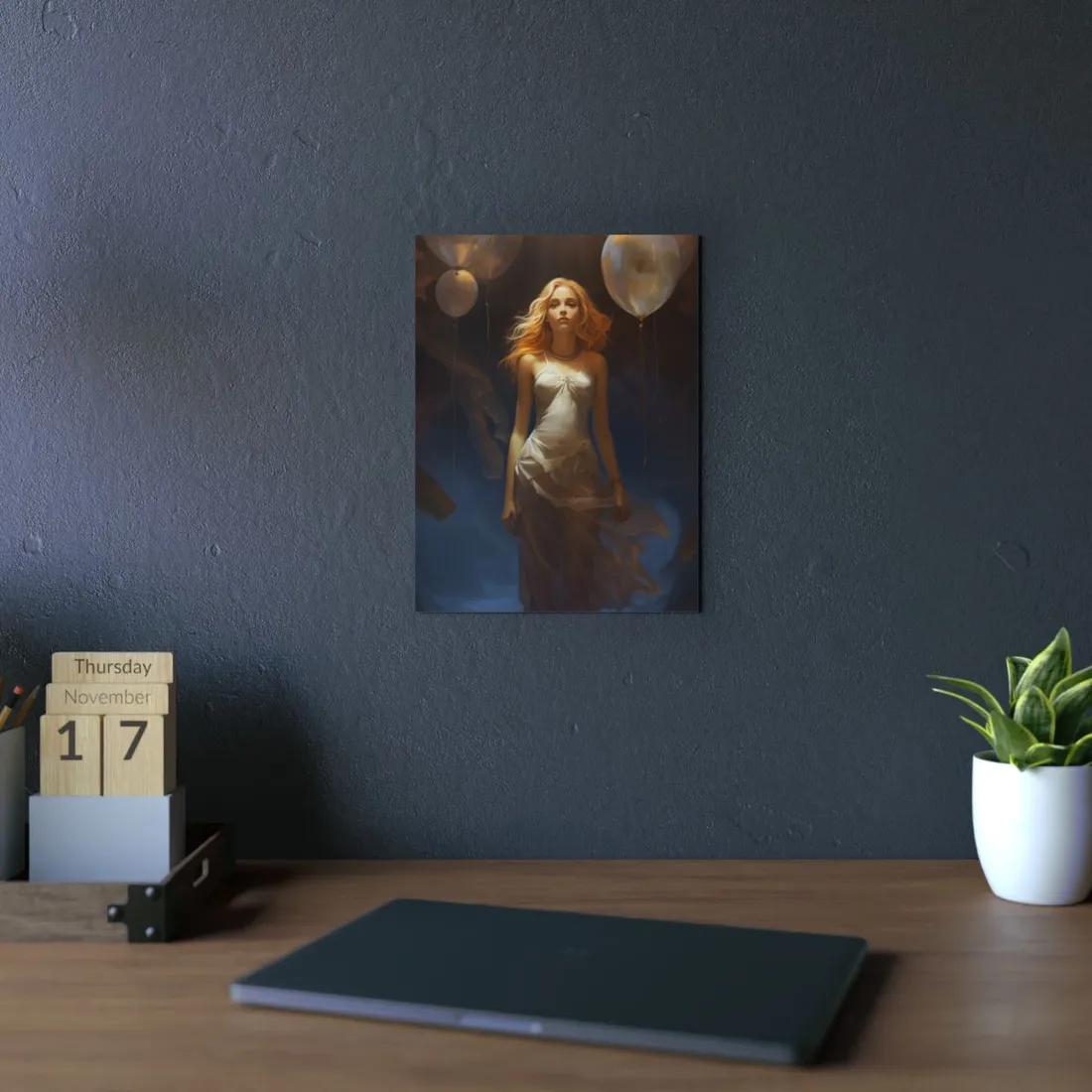 Woman in White with Balloons: Moody Dark Portrait - Metal Poster