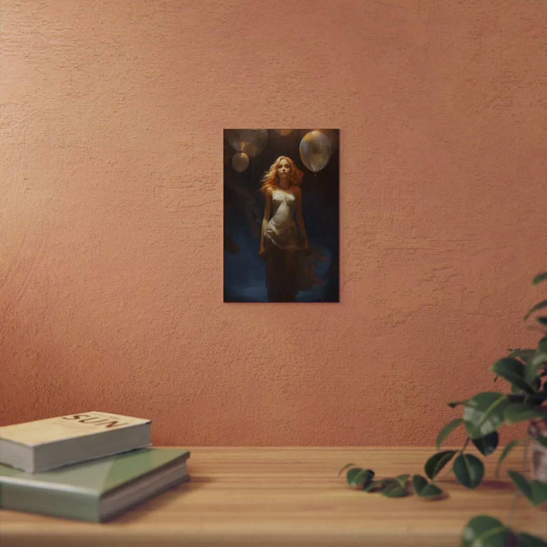 Woman in White with Balloons: Moody Dark Portrait - Metal Poster