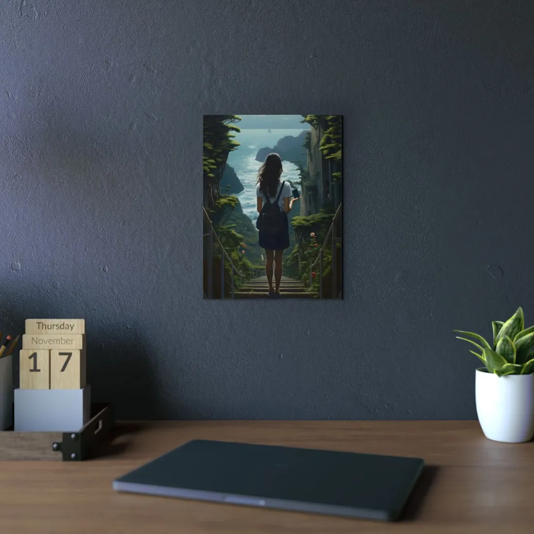 Woman on a Cliffside Bridge: Overgrown Coastal Fantasy Landscape - Metal Poster