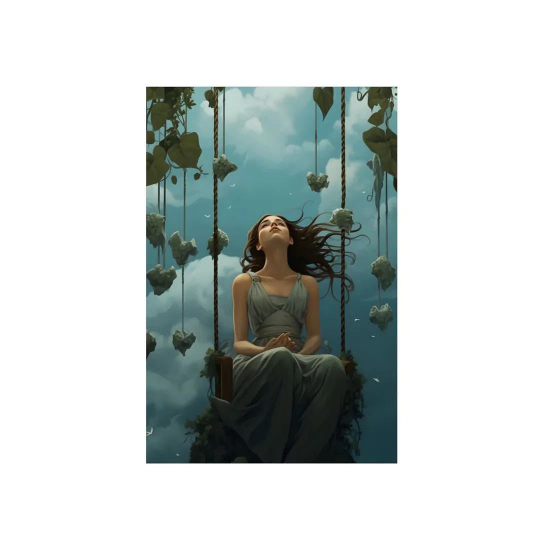 Woman on a Swing Among Floating Hearts: Dreamy Scene - Metal Poster
