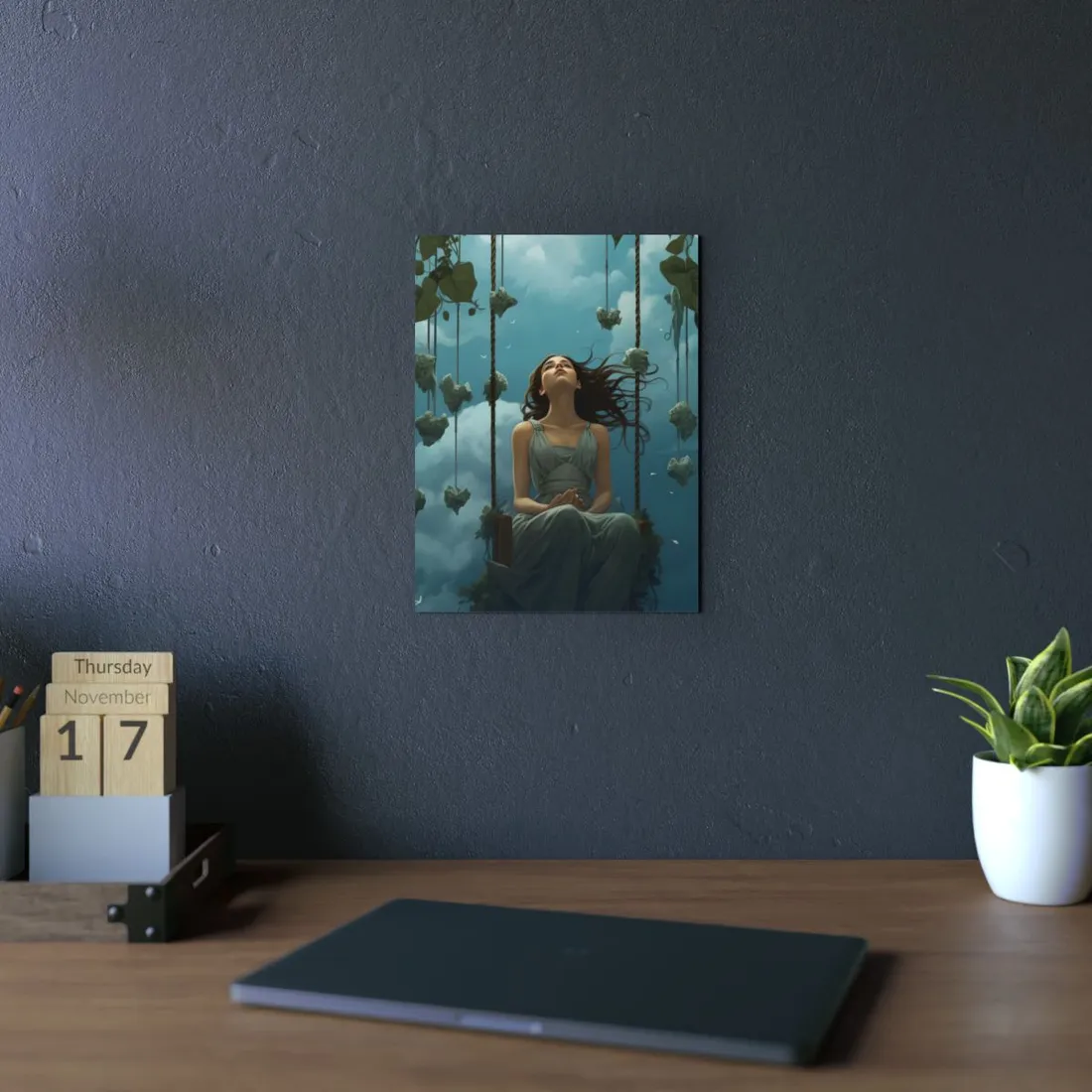 Woman on a Swing Among Floating Hearts: Dreamy Scene - Metal Poster