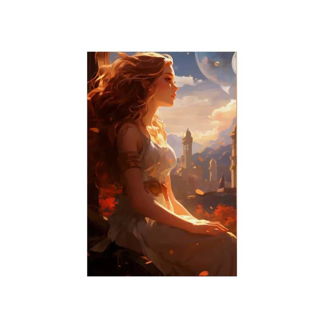 Woman Overlooking the Sunset City: Mediterranean Fantasy Portrait - Metal Poster