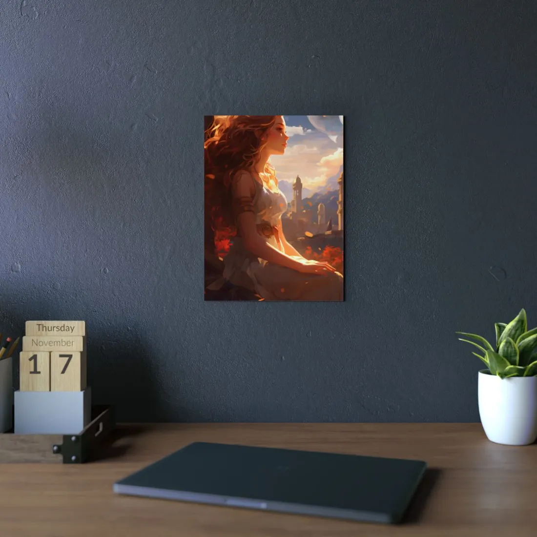 Woman Overlooking the Sunset City: Mediterranean Fantasy Portrait - Metal Poster