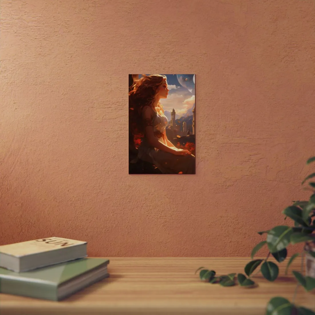 Woman Overlooking the Sunset City: Mediterranean Fantasy Portrait - Metal Poster